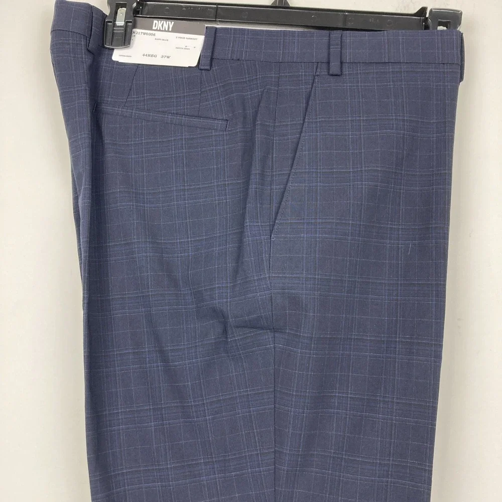 DKNY Mens Modern Fit Dress Pants 37W 32L Navy Blue Plaid